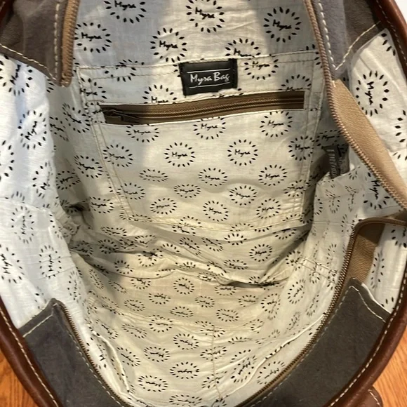 Myra Bag Boho Lace Print Upcycled Canvas and Genuine Leather Tote - Picture 4 of 5